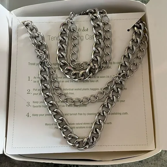 Stella & Dot La Coco Silver Curb Chain Link Necklace and Bracelet Set